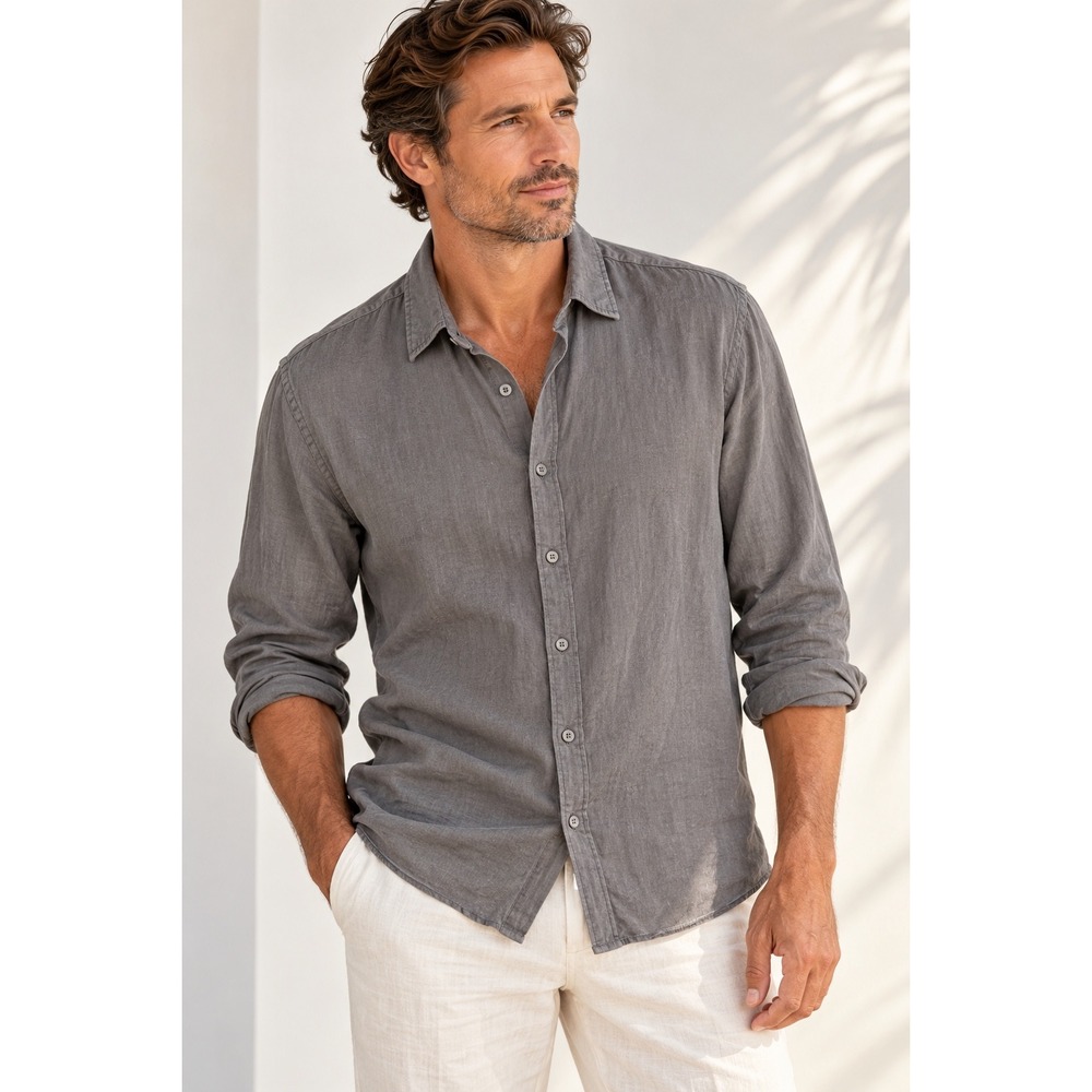 Onia Men Linen Viscose Blend Long Sleeve Button Down Shirt Gray Large Minimalist